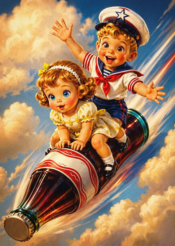 Kids Flying Bottle Retro Art