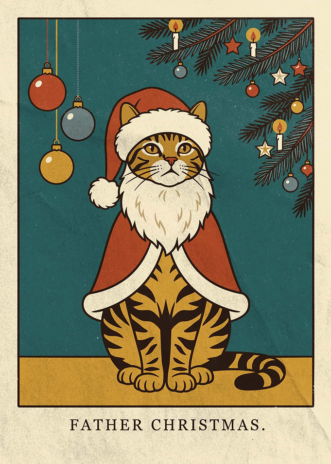 Father Christmas Tabby Cat Illustration