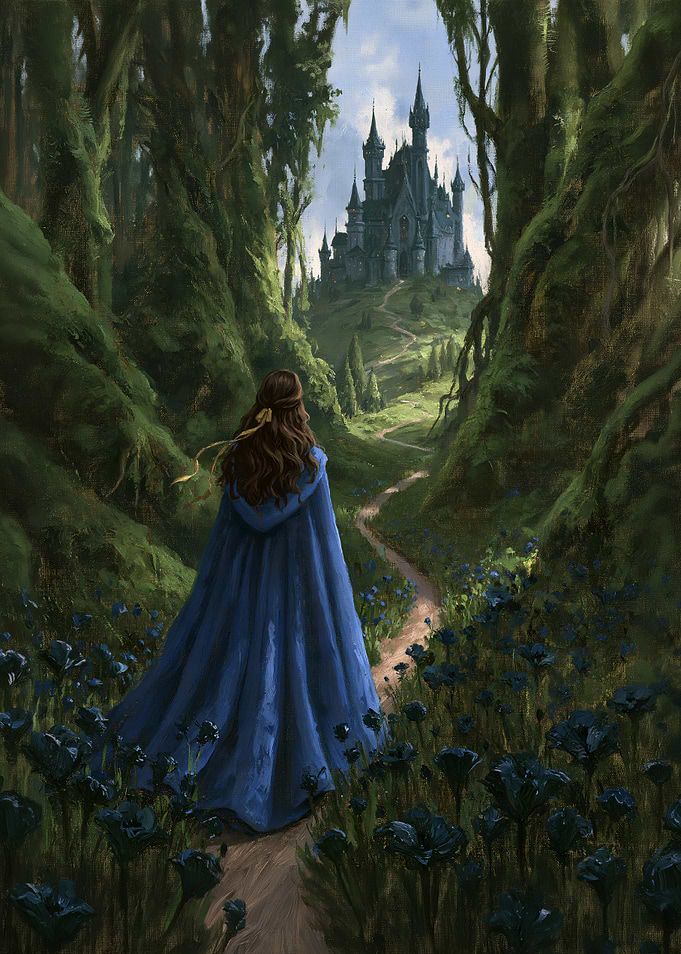 Woman in Blue Cloak Approaching Castle