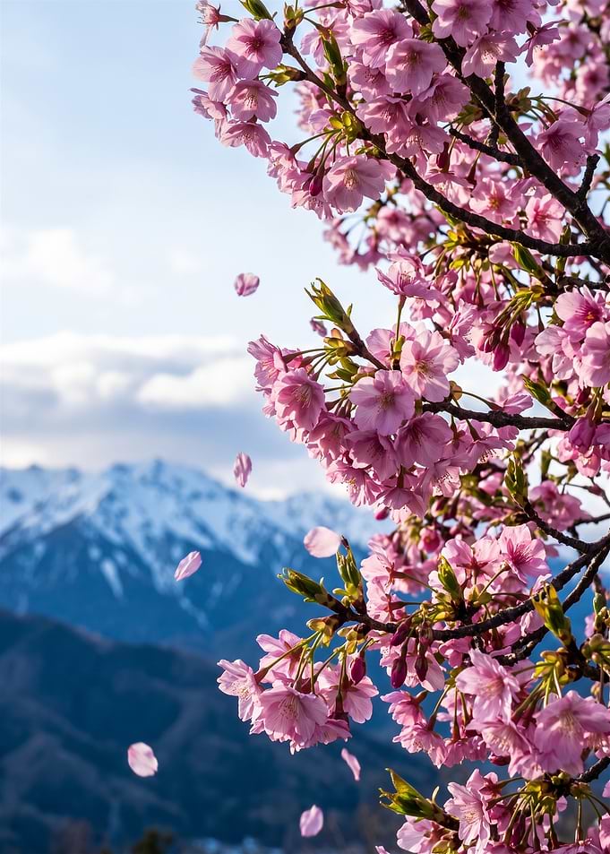 Cherry Blossoms with Snowy Mountains