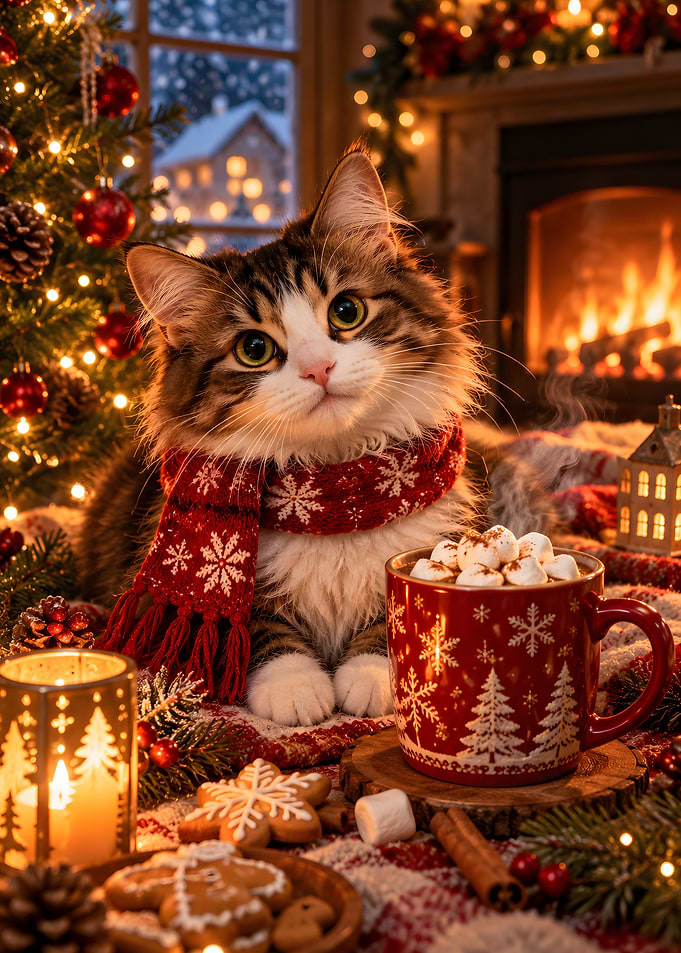 Fluffy Cat Red Scarf Hot Cocoa