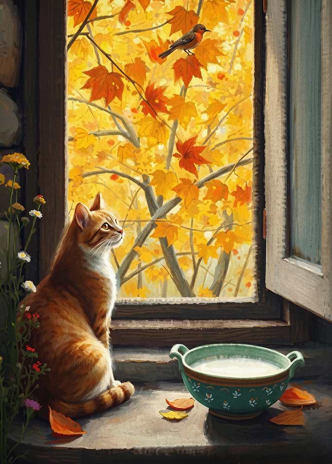 Cat Autumn Window View Cozy Art