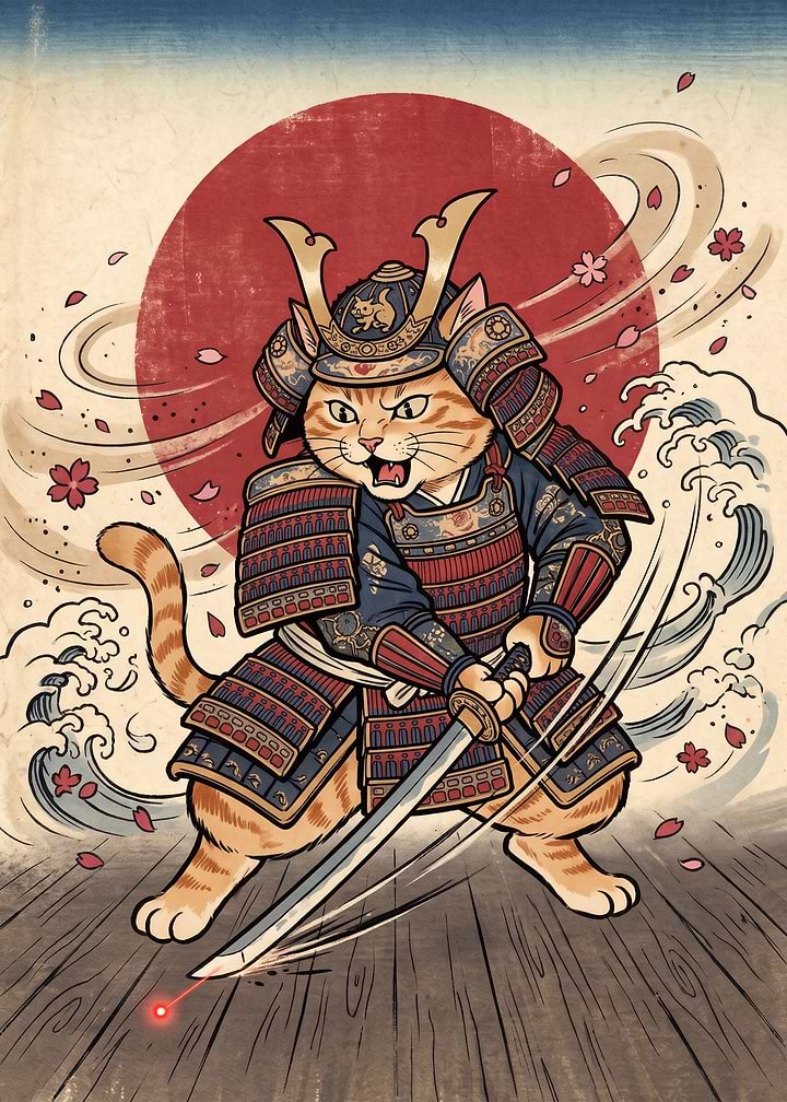 Fierce Samurai Cat Warrior Illustration