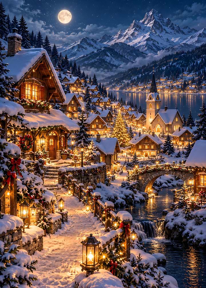 Alpine Village Snowy Night Bridge