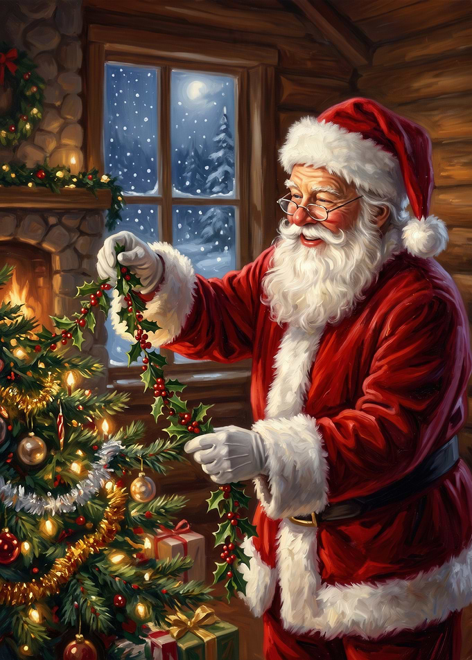 Santa Claus Decorating Christmas Tree