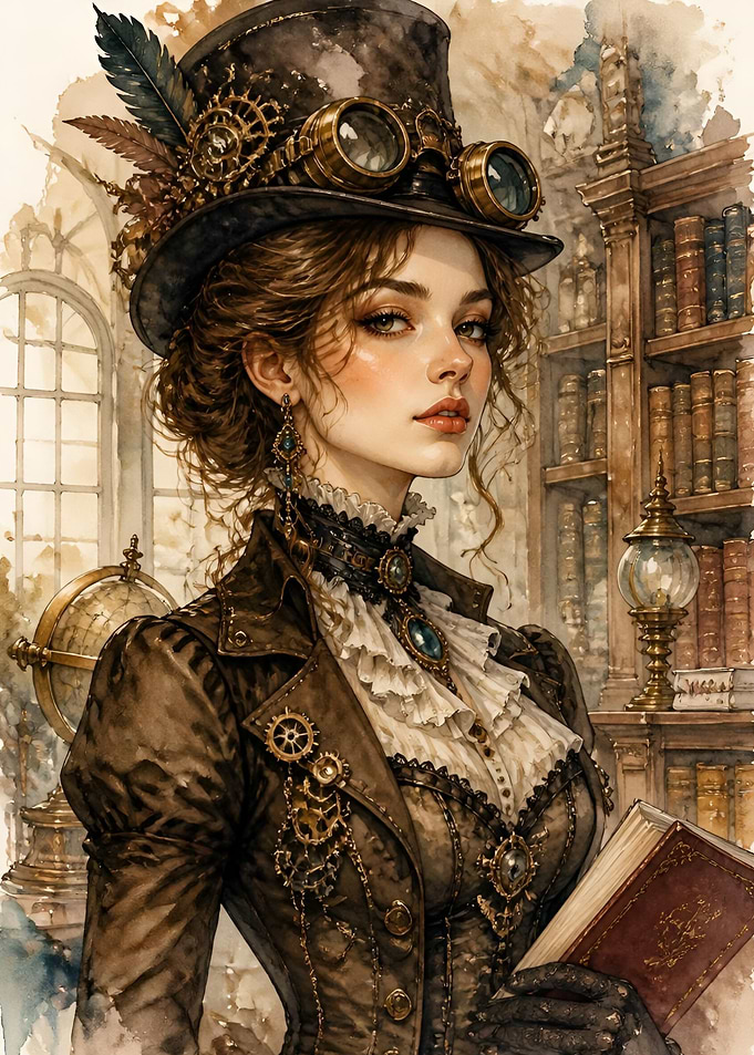 Steampunk Scholar Woman in Library