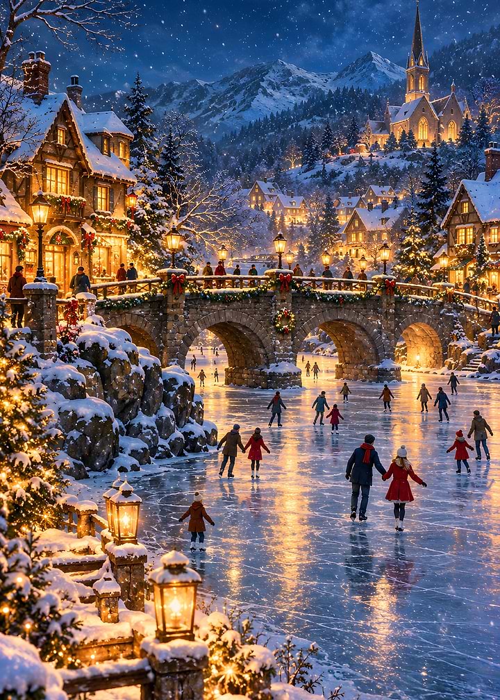 Lantern Lit Bridge Ice Skaters