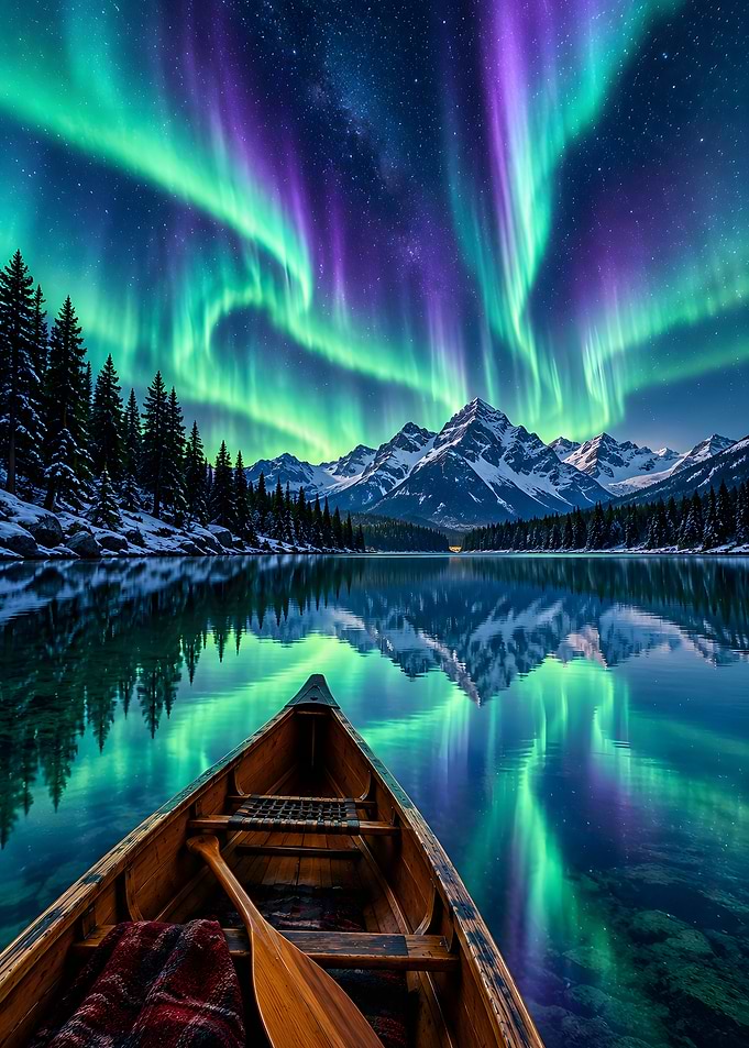 Canoe On Mirror Lake Under Northern Lights