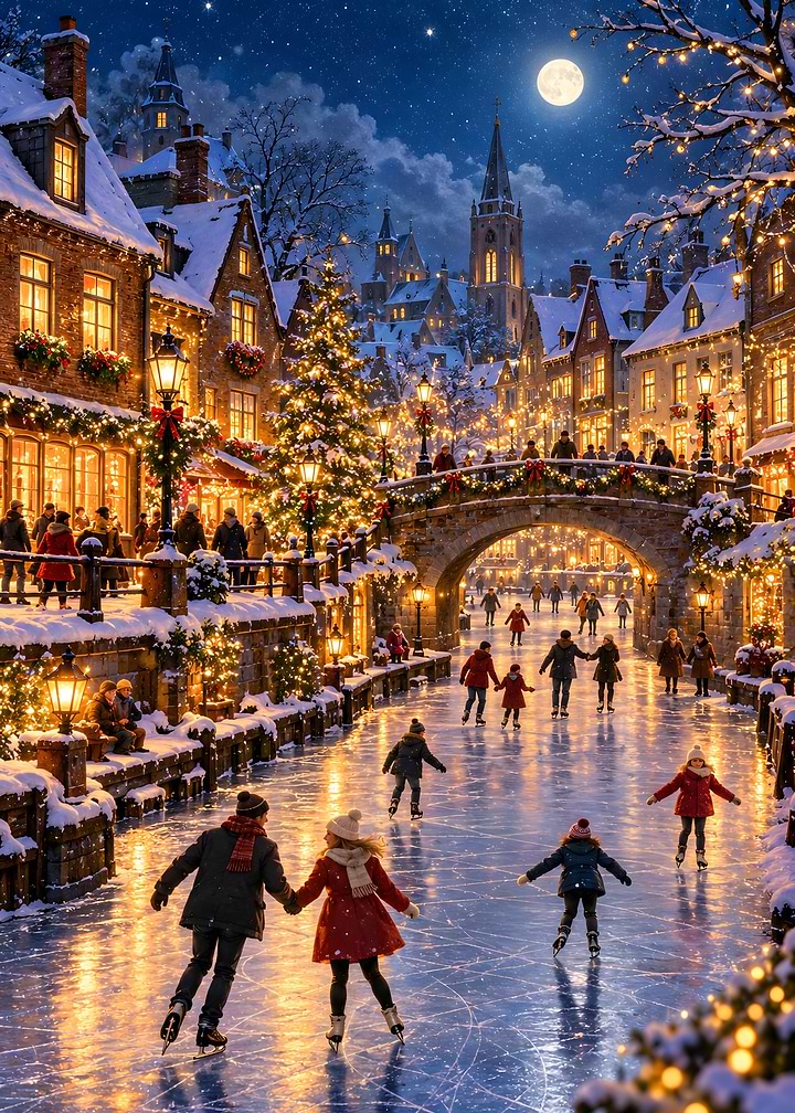 Ice Skating On Frozen Canal Town