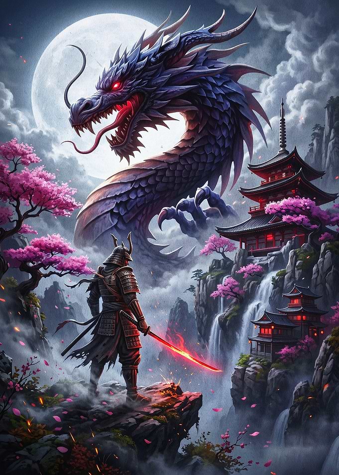 Dragon Samurai Fantasy Art Poster