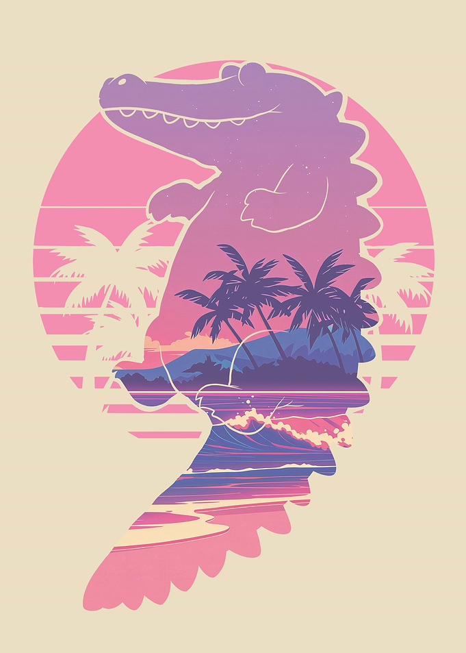 Retro Vaporwave Crocodile Tropical Sunset
