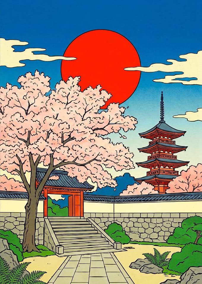 Traditional Japanese Temple with Cherry Blossoms