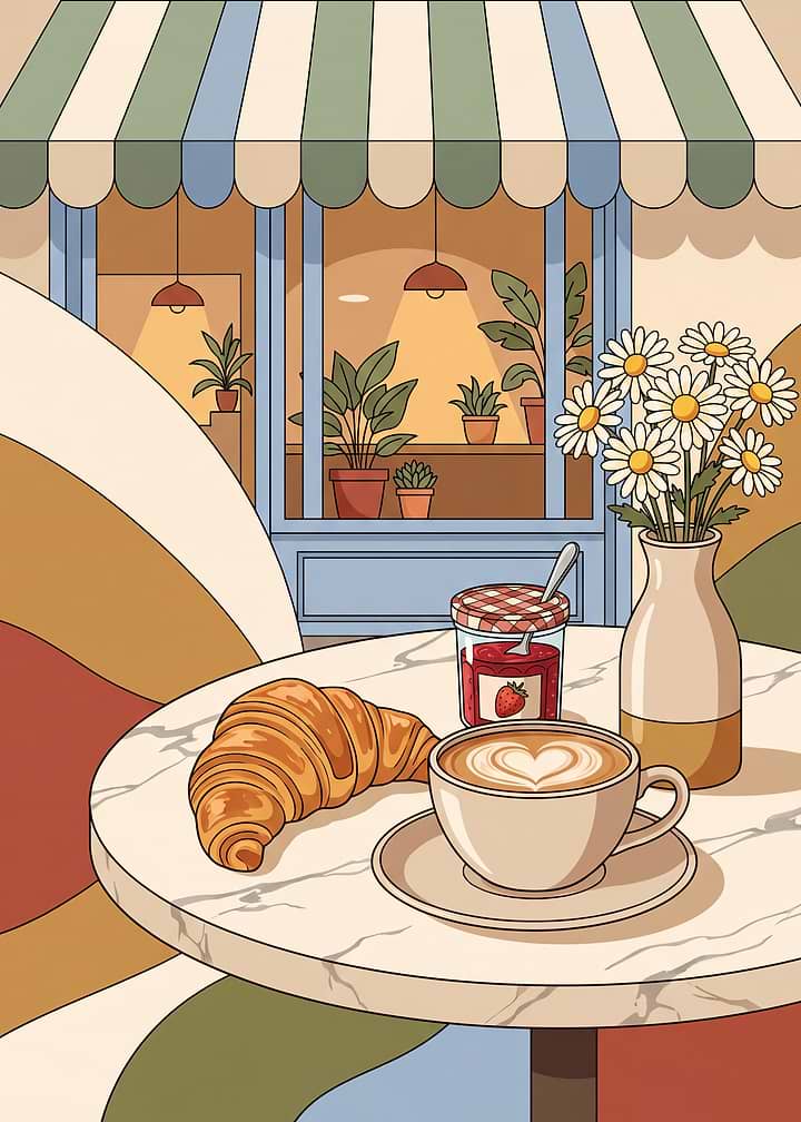 Cafe Breakfast with Croissant and Cappuccino