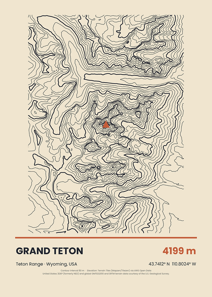 Mountain Wall Art – Grand Teton Topographic Map Poster