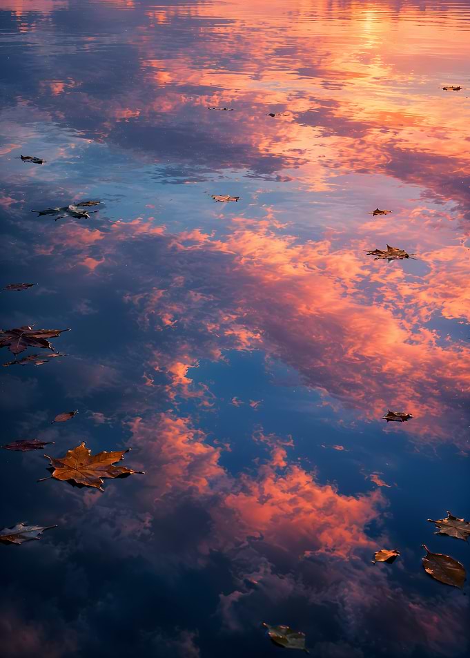 Autumn Leaves Floating on Reflective Water