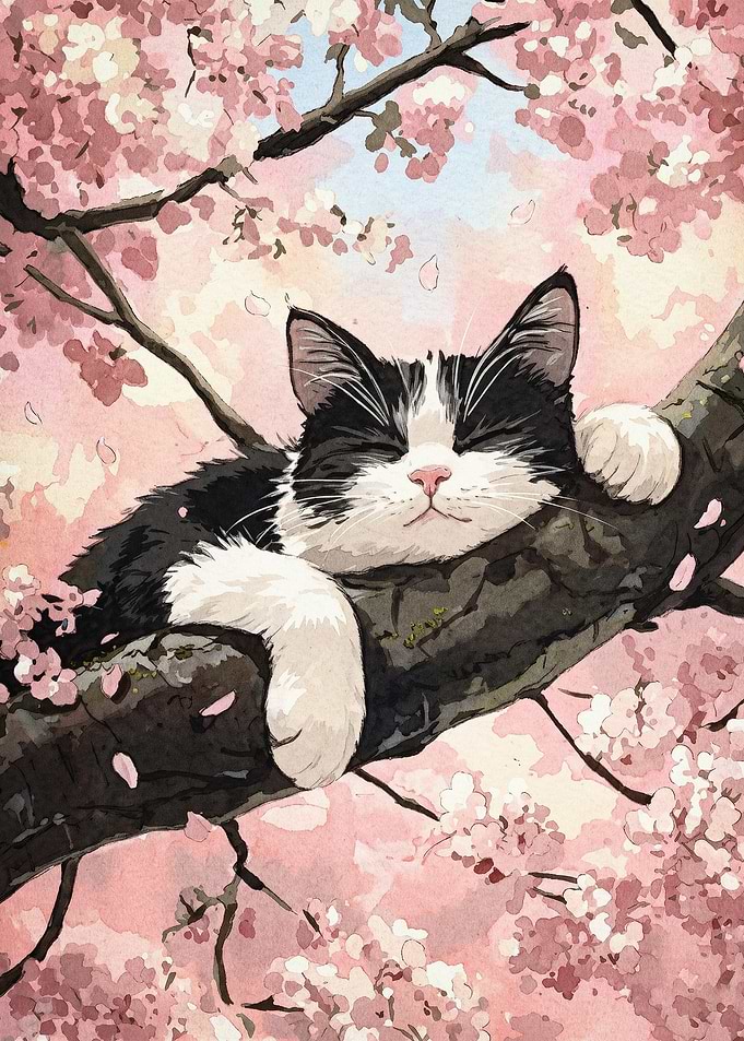Sleeping Cat Sakura Tree Poster