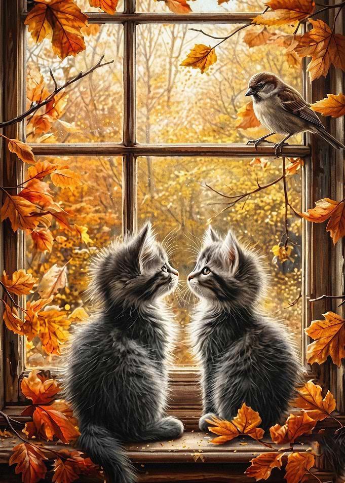 Autumn Kittens Window Cozy Art