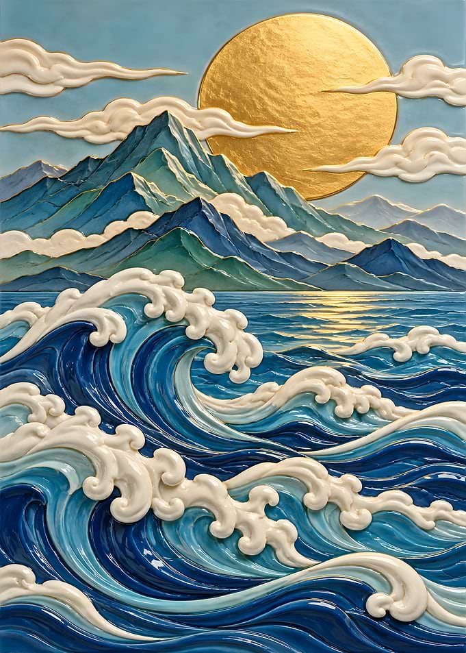 Japanese Style Relief Ocean and Mountains
