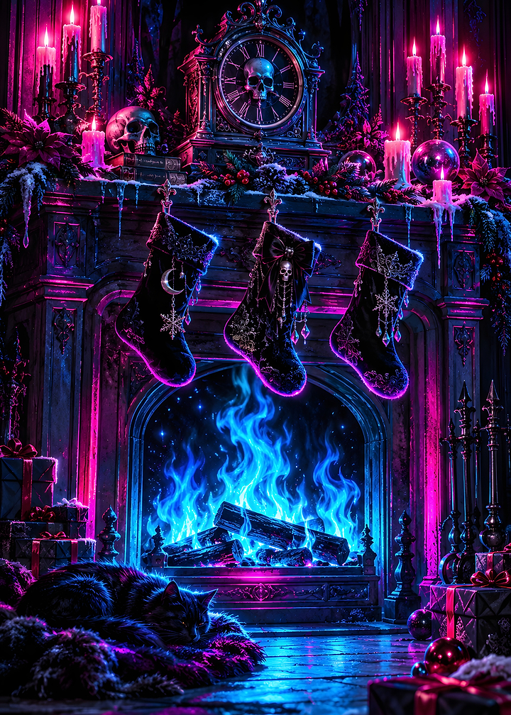 Gothic Stockings Blue Fireplace Mantel