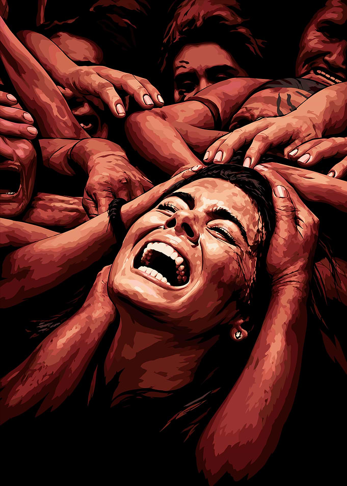 Overwhelmed Woman Surrounded by Hands