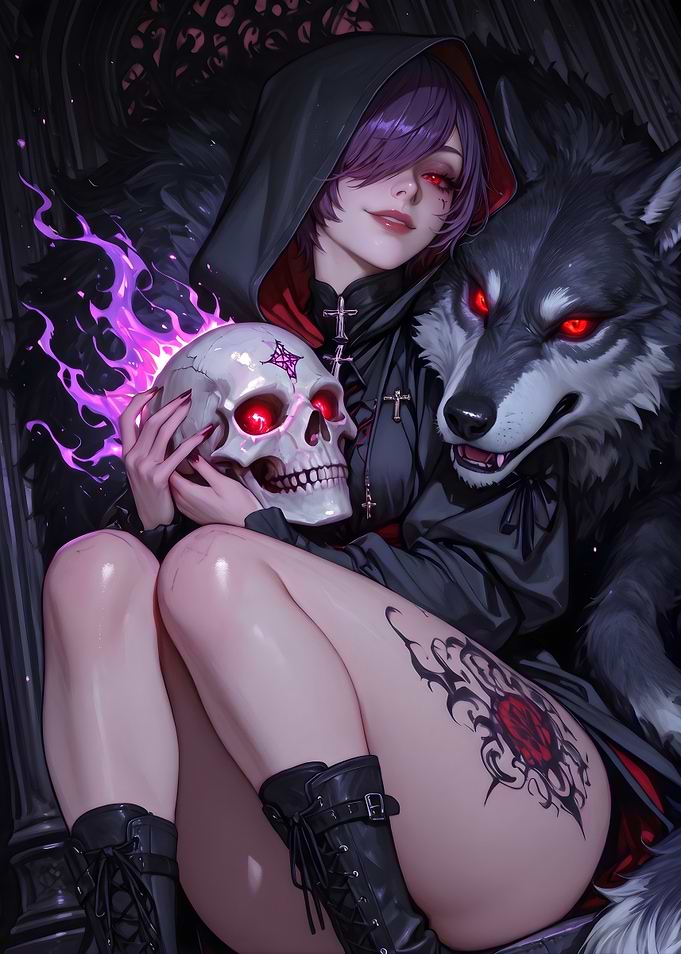 Gothic Anime Girl with Wolf