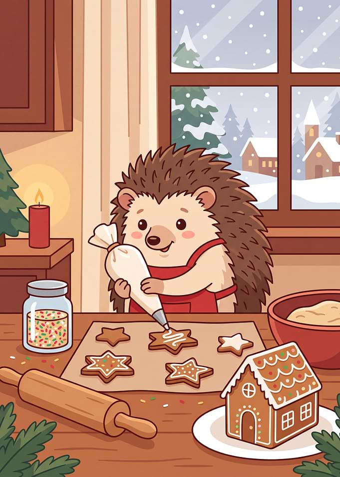 Cute Hedgehog Baking Christmas Cookies