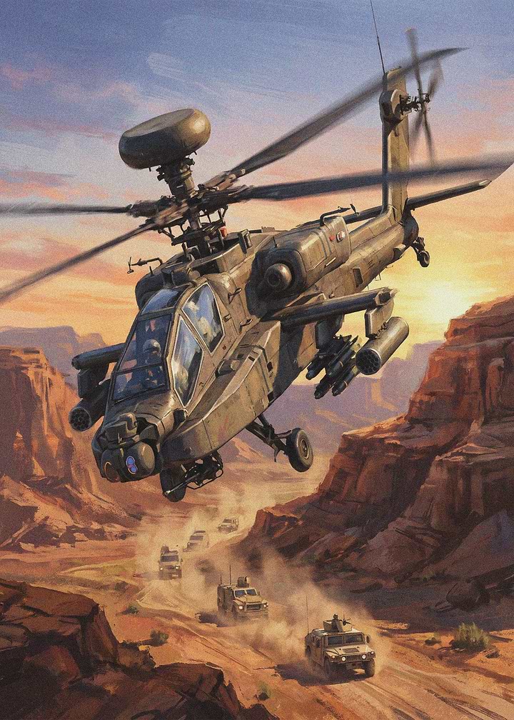 AH-64 Apache Helicopter Over Desert Convoy