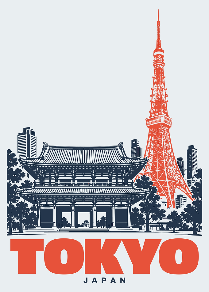 Tokyo, Japan Travel Poster – Tokyo Tower & Temple Wall Art