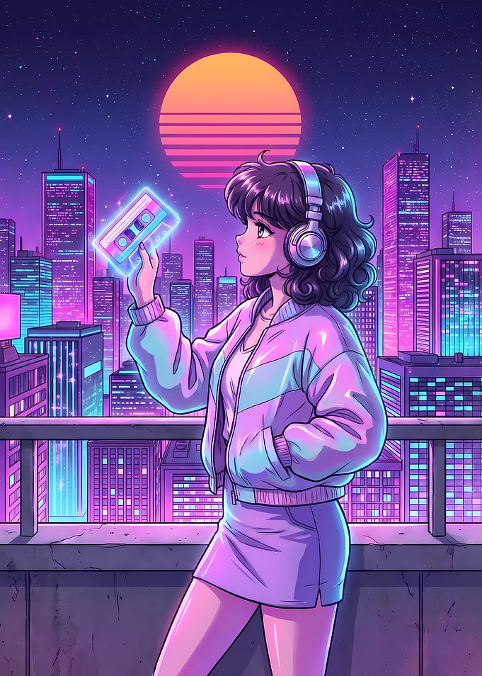 Synthwave Girl with Glowing Cassette