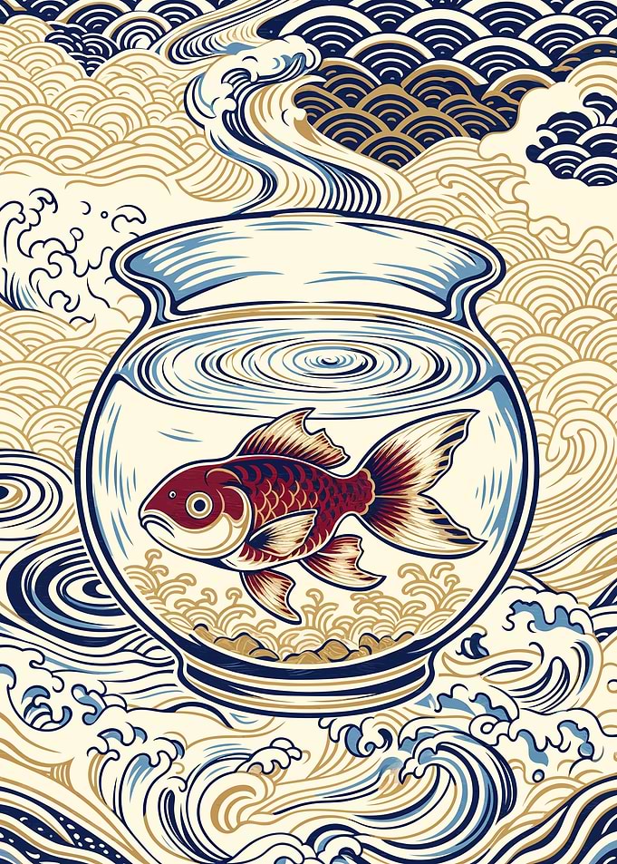 Crimson Goldfish – Japanese Waves in a Glass Bowl