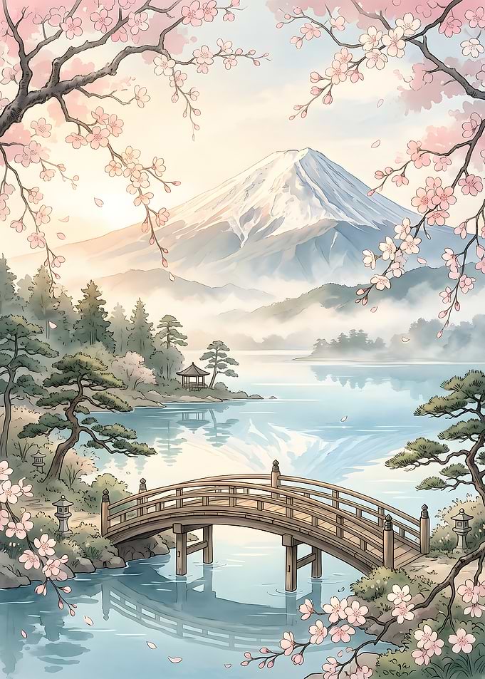 Mount Fuji and Cherry Blossom Bridge