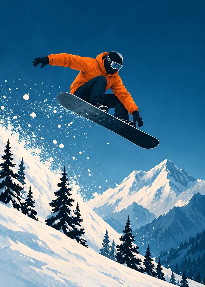 Snowboarder Jumping Over Snowy Mountains