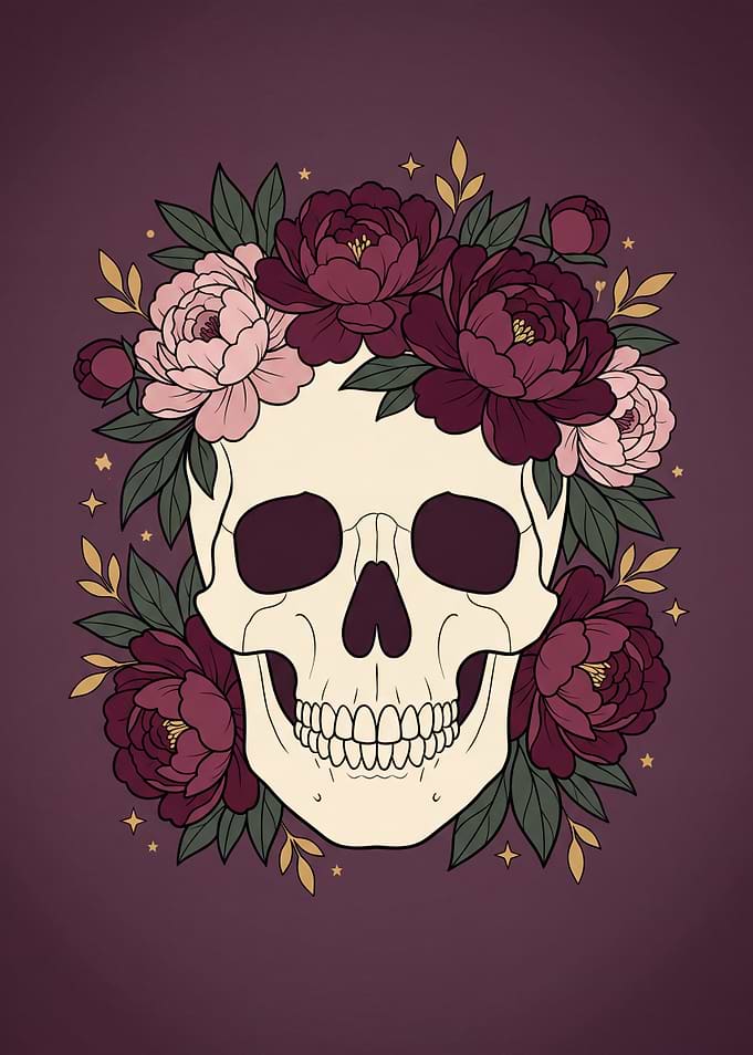 Skull Crowned with Burgundy Peonies