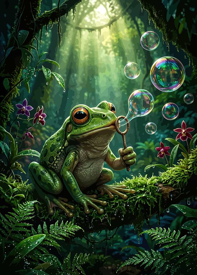 Frog Blowing Bubbles in Forest