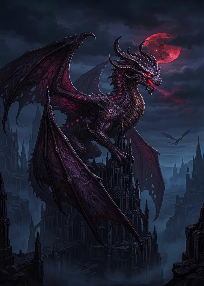 Dark Dragon Perched on Gothic Castle