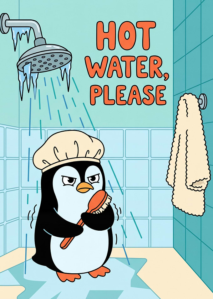 Funny Penguin Showering in Cold Water