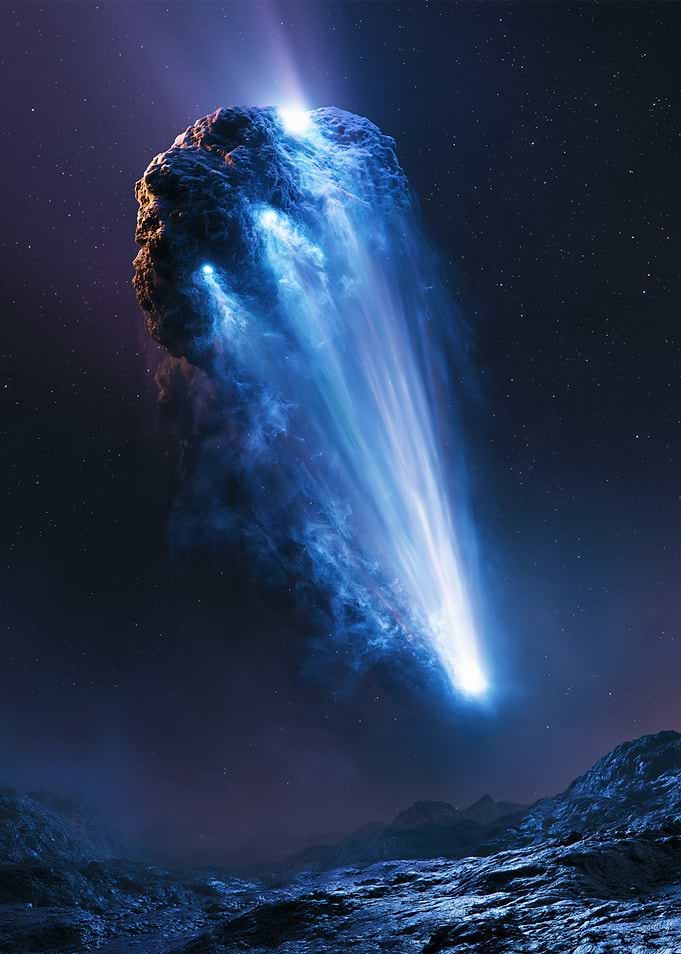 Glowing Comet Over Alien Landscape