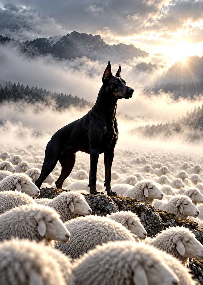 Doberman guarding a flock of sheep