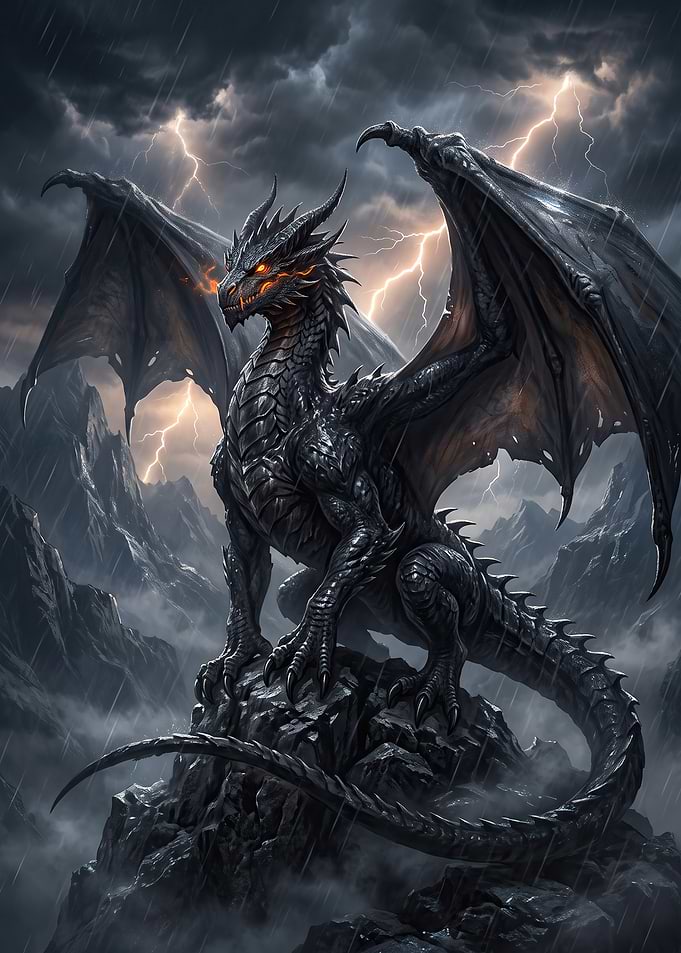 Black Dragon in Stormy Mountains