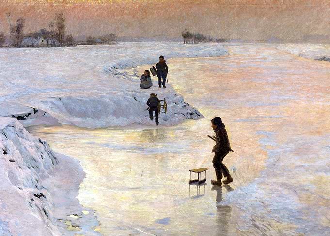 Ice Fishing Winter Snow Landscape Painting