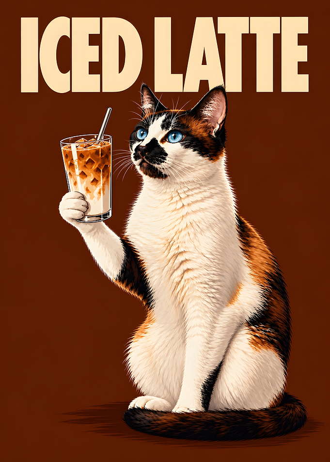 Calico Cat Holding Iced Latte