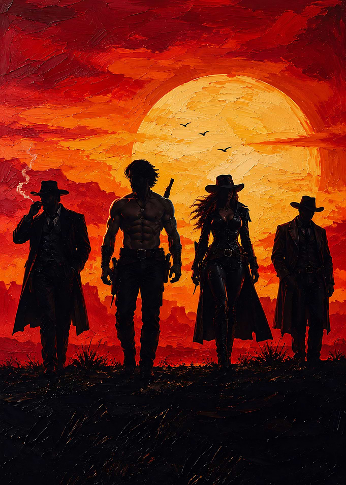Outlaw Gang Silhouette at Sunset