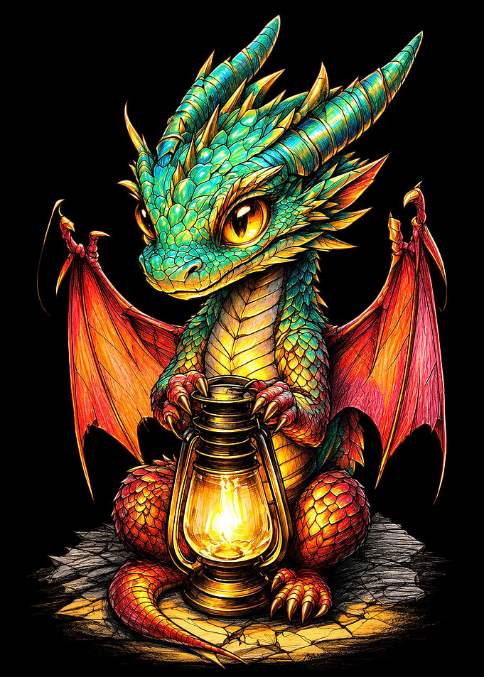 Cute Baby Dragon Holding Lantern