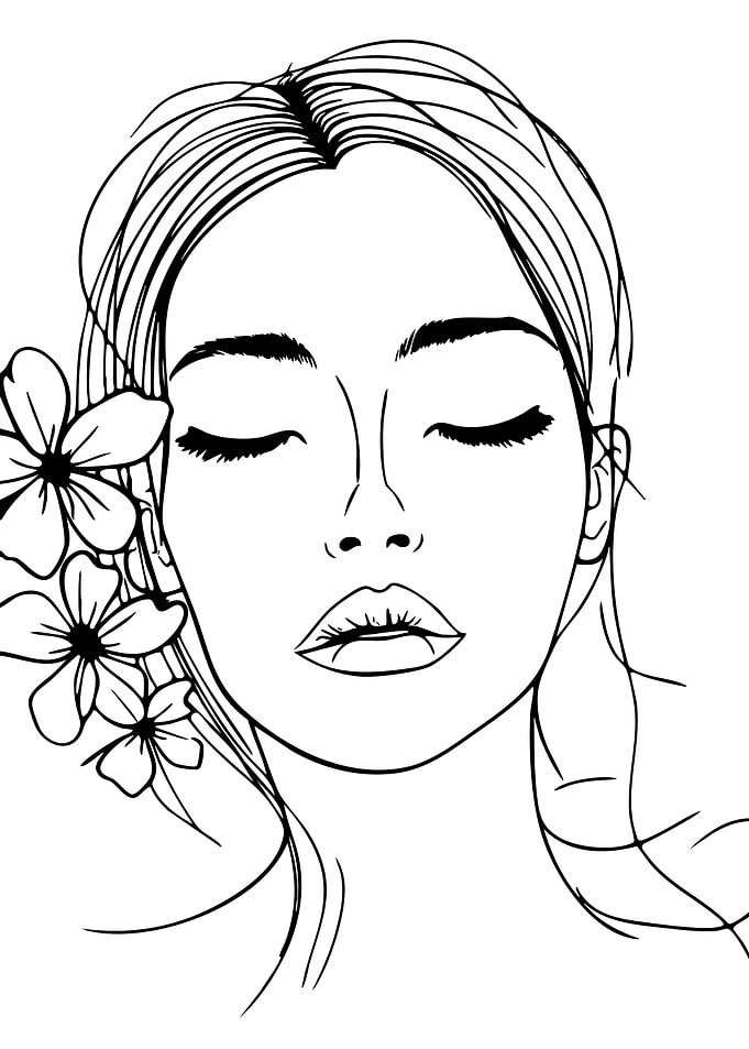 Minimalist Line Art Woman with Flowers