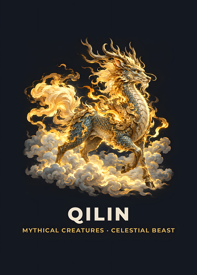 Qilin Golden Celestial Beast Clouds Mythical Poster