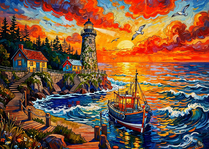 Lighthouse Sunset Ocean Coastal Art