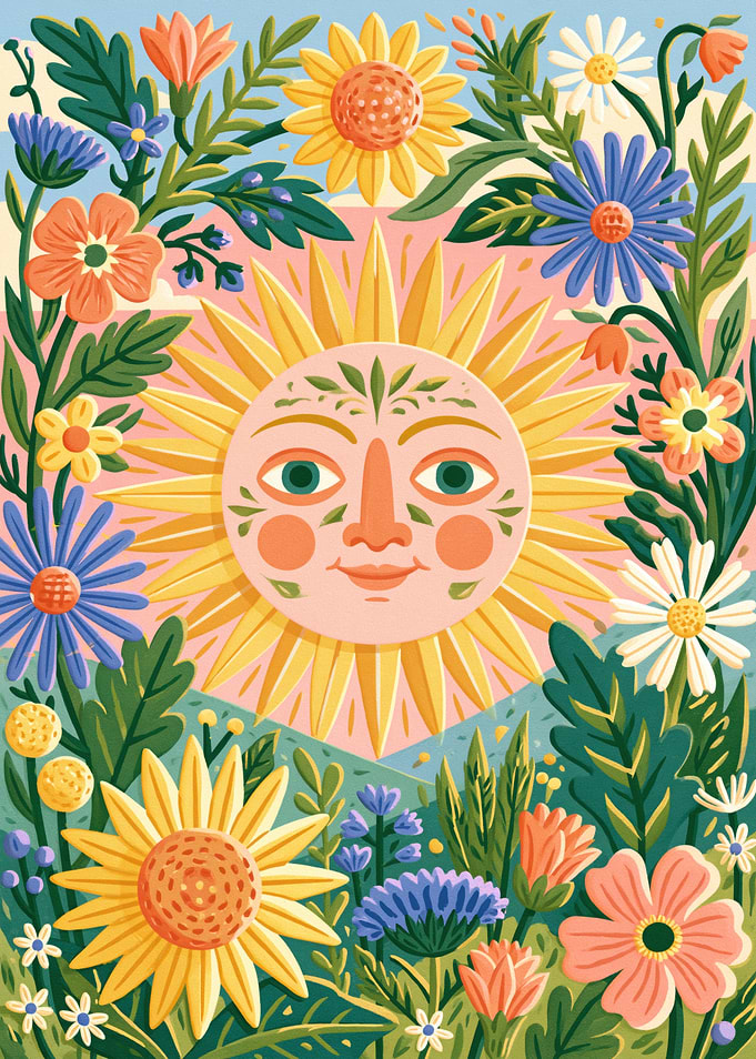 Whimsical Sun Surrounded by Wildflowers