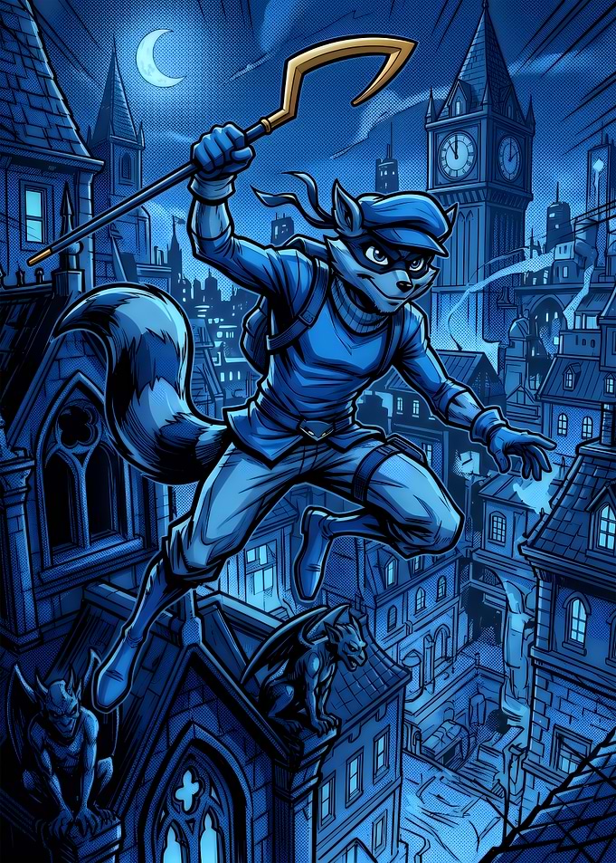 Sly Cooper Leaping Over City Rooftops