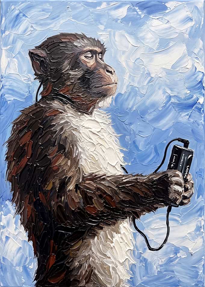 Oil Painting of Monkey Listening Music