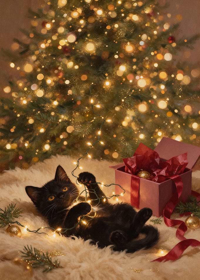 Black Kitten Playing with Christmas Lights